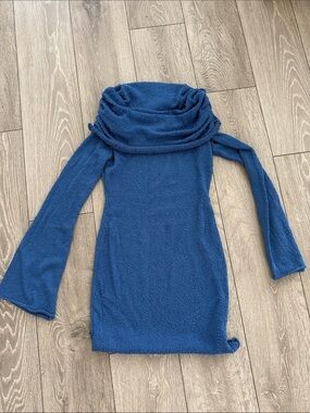 Cowl Neck Knit Sweater Dress in Navy Blue